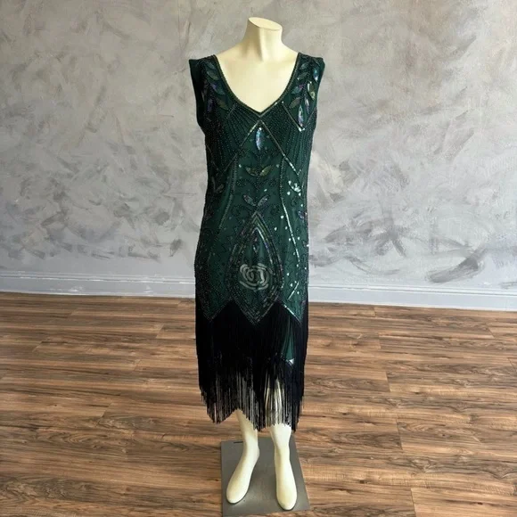 Metme 1920s Flapper Dress Sequins Art Deco Fringed Sleeveless Gatsby Size L - Picture 2 of 9